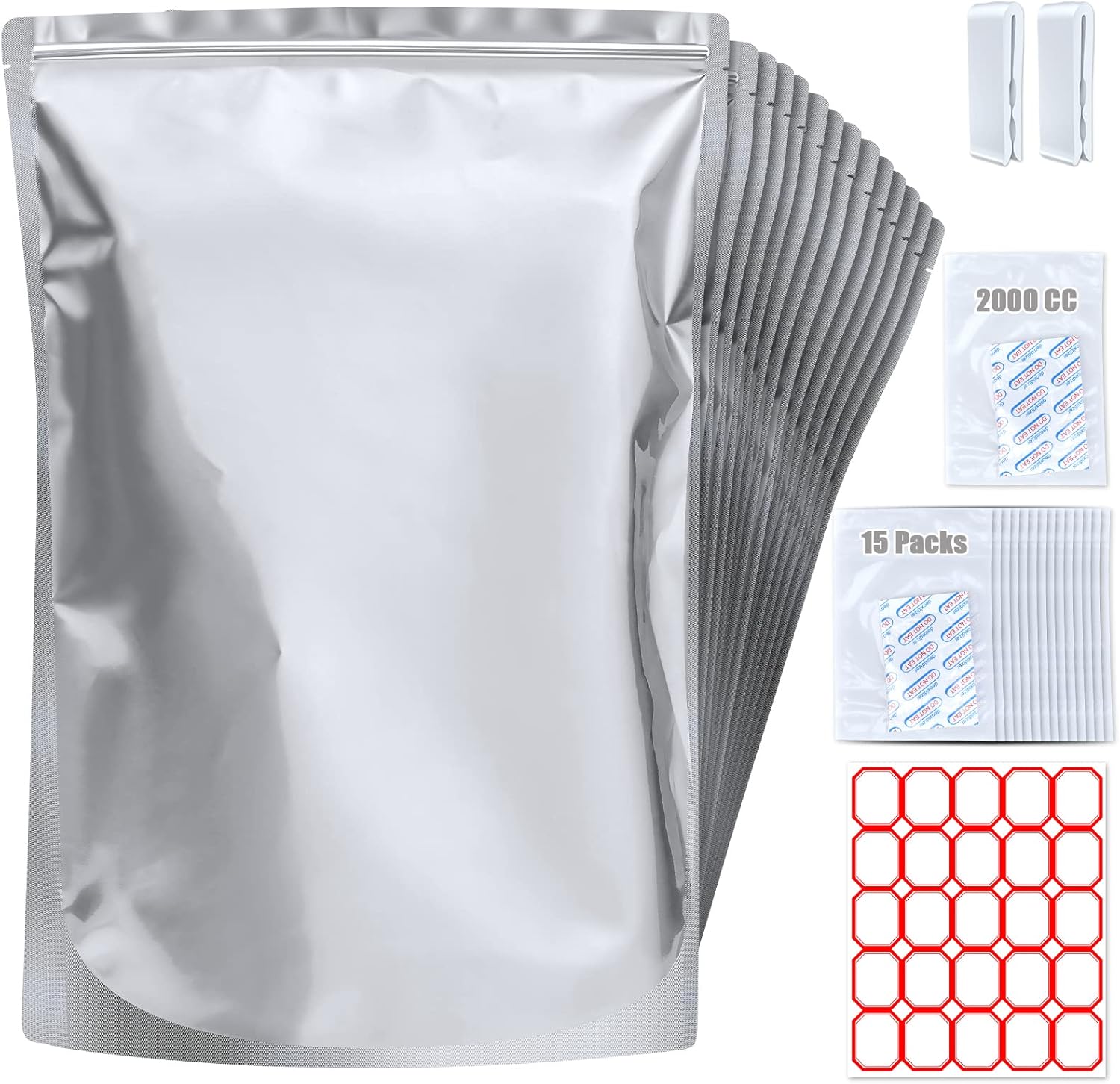 Food Storage Oxygen Absorbers - 15 Pack 5 Gallon Mylar Bags