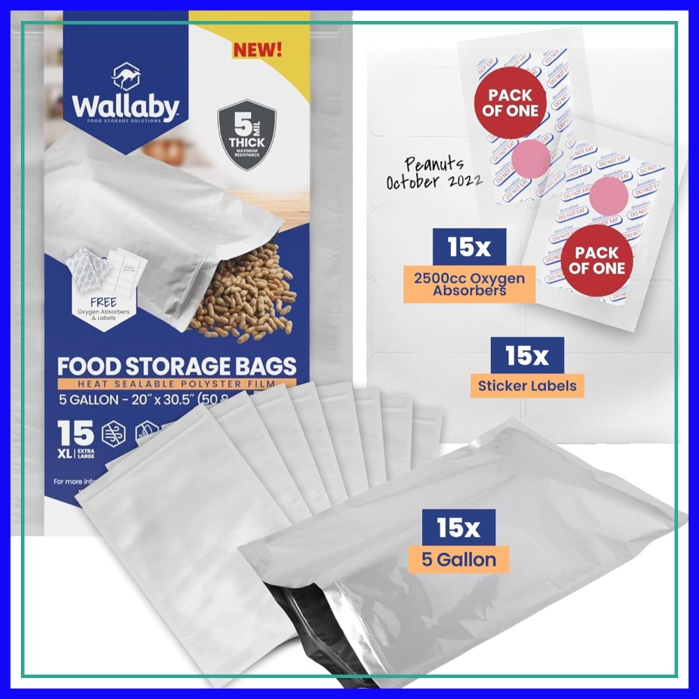 Food Storage Oxygen Absorbers - 20x30 5-Gallon Mylar Bags with 2500cc