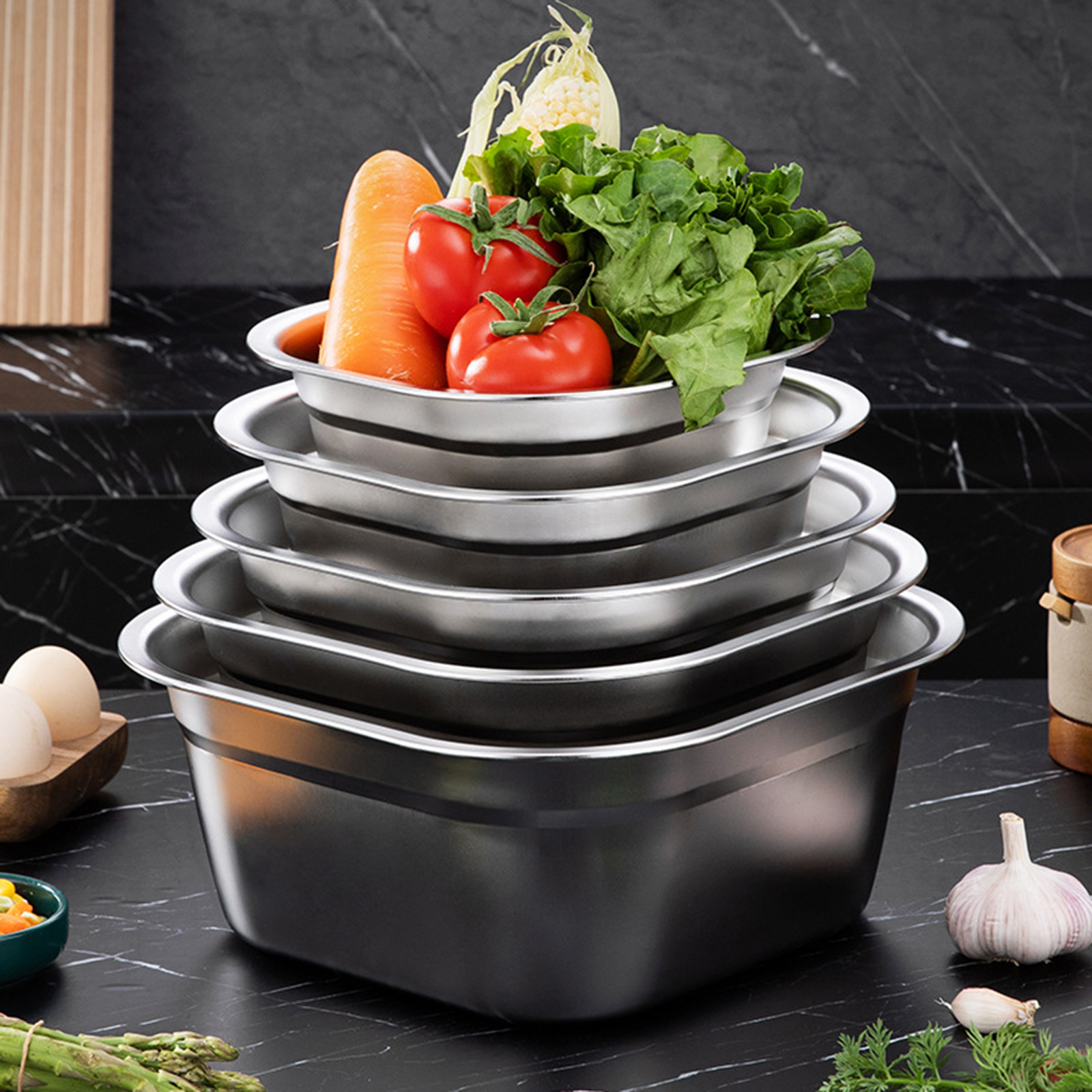 Food Storage Bowls - Stainless Steel Square Basin Versatile Mixing