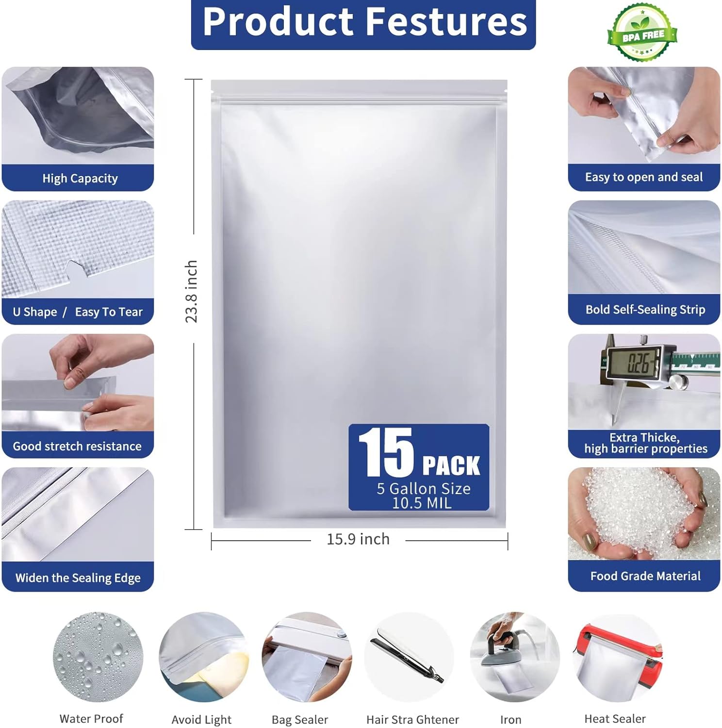 15 Pcs 5 Gallon Mylar Bags wit - Food Storage Oxygen Absorbers incelemesi ve fiyatı